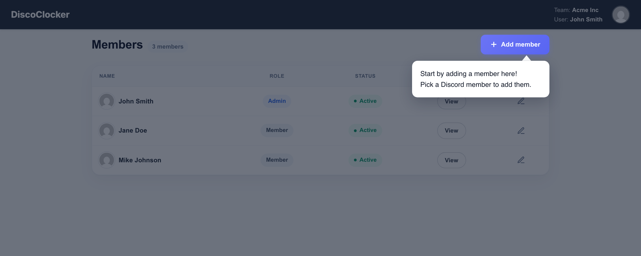Dashboard screen for adding a member