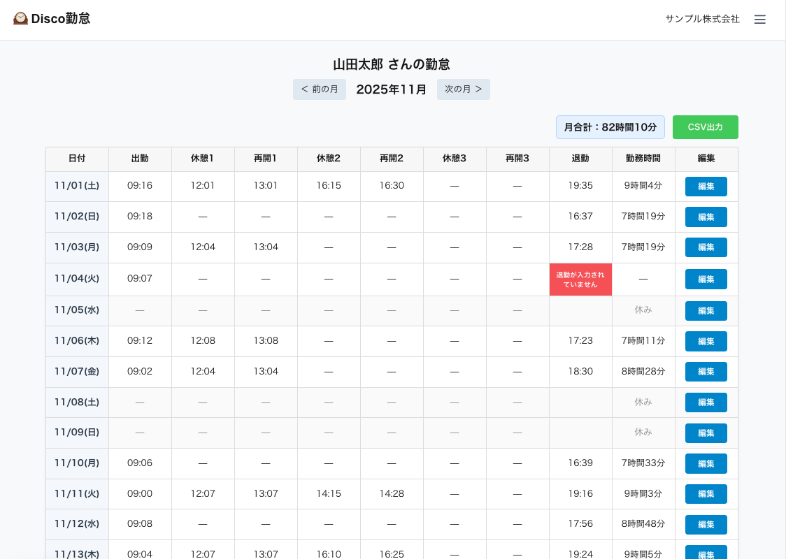 勤怠管理ダッシュボードで勤務時間を確認できるWeb画面