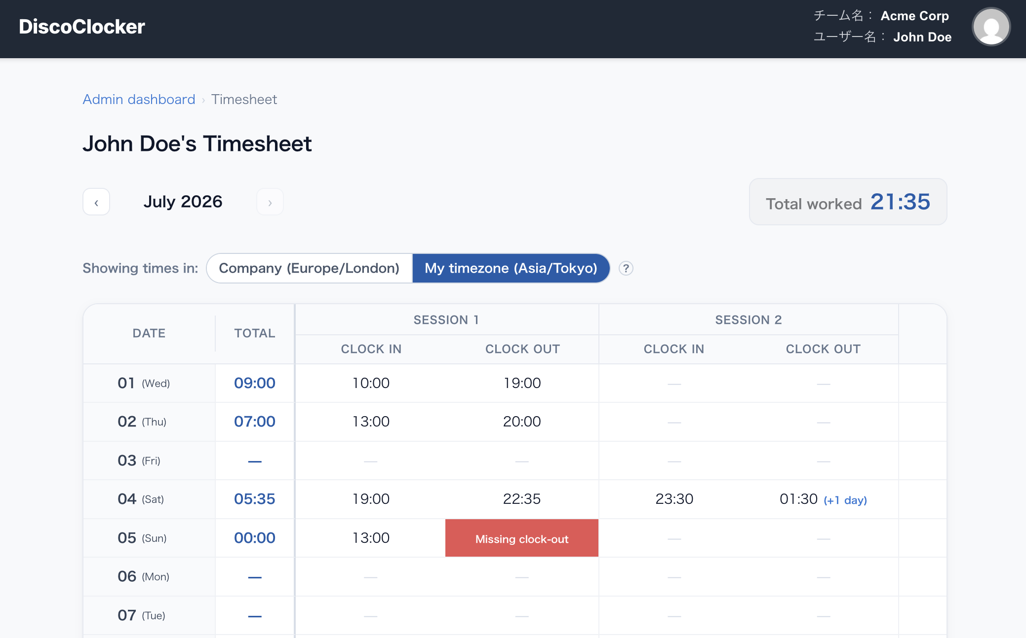 Web dashboard showing tracked working hours