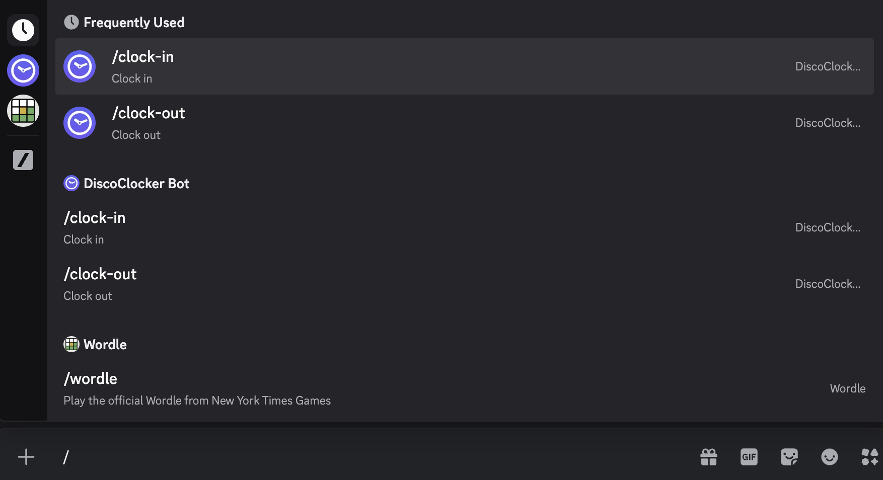 Discord slash command screen for clocking in
